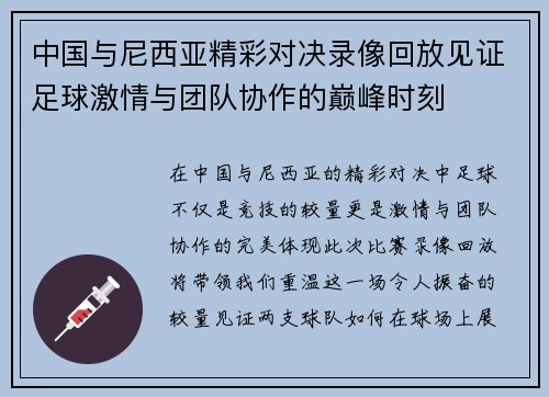 中国与尼西亚精彩对决录像回放见证足球激情与团队协作的巅峰时刻